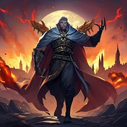 Sauron, the mighty lord of darkness, standing on a rock in the dark land of Mordor, a super-hero man of infinite power and technology of the galactic race, with a great army, a large moon disk behind him, and a fiery sword in his hand