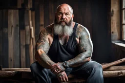 full body 50 years old woodcutter in boxer muscular chubby hairy shirtless with many tattooes with a huge bulge , body, long beard, wood background,High detail, very detailed, ultra HD, 8k, cinematic