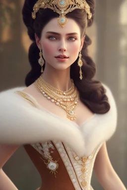 beautiful and gorgerous duchess with incredible jewellery in 19th century clothing by Greg Rutkowski and Artgerm and Emile Vernon and Vladimir Volegov, in a brown dress, mystical castle background, art illustration, natural beauty, muted colors, pastels, perfect fingers, higly detailed, expressive, high detail, symmetrical, digital painting, symmetrical eyes, dynamic lighting, artstation, cinematic lighting, intricate artwork, emitting diodes, smoke, artillery, sparks, racks, system unit, mother