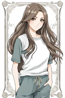 attractive anime woman with brunette long hair, t-shirt and sweatpants, full body in frame,