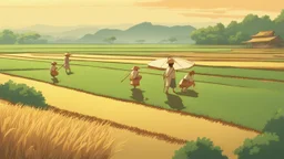 Rice field，Trees，Warm color palette，Animation，A lovely grasshopper，People who work