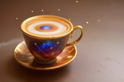 A universe swirling in a beautiful gold rimmed porcelain coffee cup, with planets, stars, steam, masterpiece, in sunshine