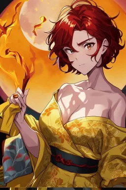 (Asian), short hair, fiery red hair hair, normal hands yukata, yellow clothes, 8k, best quality, winking, very dark night time, lighting from moon yellow moon, perfect, masterpiece, anime style, cartoon style,