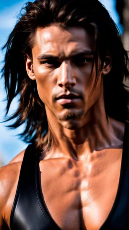 handsome muscular male warrior age 25 with shoulder length hair and a goatee