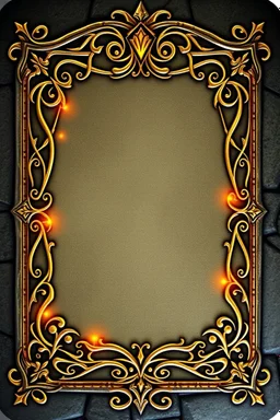 dark "Whimsical, fantasy-themed card border, intricate stone and gold filigree with tiny rat paw prints hidden in the design, playful medieval style, glowing runes, ornate yet readable, decorative corners, vibrant fantasy color palette."