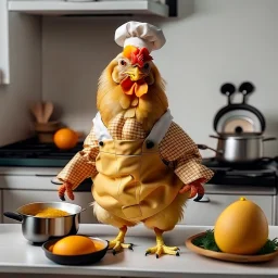 A funny and cute chicken in the shape of a human wearing cooking clothes that look the same color as his skin in the kitchen, cooking and carrying a pot of eggs.