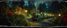 darkest gnome train in bright garden , pinhole cam, airbrush 3d rendering, in the style of John Atkinson Grimshaw , torn edges on border