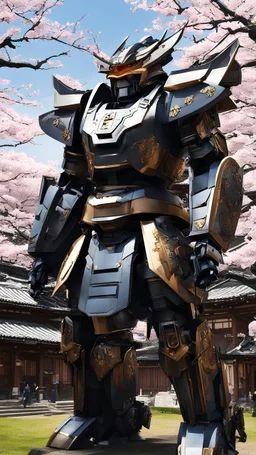 In the heart of a traditional Japanese village, a colossal samurai mecha, inspired by ancient armor, stands as a guardian. Cherry blossoms fall around it, creating a blend of tradition and futuristic power. [Colossal, Traditional Village, Cherry Blossoms, Guardian, Blend of Eras, Majestic, Tranquil, Mecha Samurai, Harmonious]