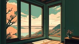 lofi mix youtube video anime style scene background spring window view, no people