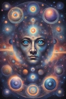 The axis of all angles,trippy cosmic scene,multiple eyes gazing trough a tesseract, enlightenment in the third eye