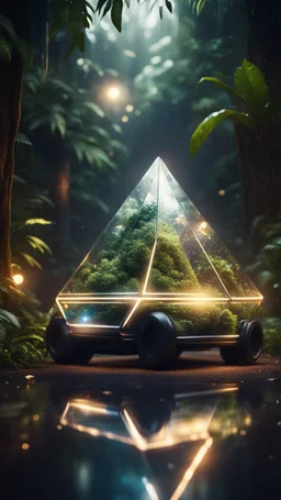 a car shaped like a capped tetrahedron without a top in dark lit reflective wet jungle metallic hall dome hotel tunnel, in the style of a game,bokeh like f/0.8, tilt-shift lens 8k, high detail, smooth render, down-light, unreal engine, prize winning