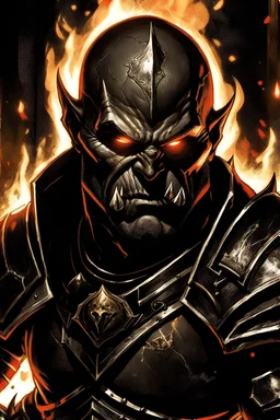 A great Orc with light-grey skin and red eyes. He wears black armor. Over his head he wears a flaming crown made of fire. In his right hand he wields a sword made of fire. In the image you must see at least half a bust. It must be comic-book style.