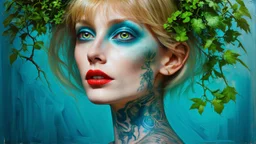 old retro photography, faded vignette, worn and cracked, double exposure, surrealism, blonde humanoid from another world, red lips, half body, greenish blue pale transparent glowing skin, plants growing out of head, tattoo, alien transparent eyes, hyperdetail, double exposure, Anna Razumovskaya, Anna Dittmann, Luis Royo, neo-impressionism, expressionism, oil painting. Vivid, detailed and textured brushstrokes reminiscent of Royo and Peter Coulson. Deep colors and dramatic lighting with cinematic