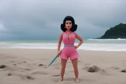 [1960’s stop-motion animation style on the beach the overcast sky in the background] a 70s advertisement video TV featuring A surprised Nomadic samurai woman, 24-years-old wearing a pink one-piece swimsuit , poised on hands and knees as a claymation character toy from a claymation horror movie in burning rainbow land, from hell, creepy Videos, eyeballs and trees everywhere , as old advertisement shot on video VHS