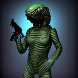 Alien, snake, metaljellyfishsombrero, vest, hands, holding gun, holster, steel military boots, squishy, chest plate, oxygen mask, bulbus nos snout, reptile pupil, blasterrifle, jacked, sail, body suit, shin gauntlet