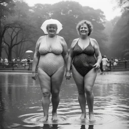 [photo by Diane Arbus] two very different middle age ladies in wearing swimsuits caught in a heavy summer rain in central park, happy with no inhibitions