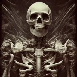 old skeleton warrior, blood flows down the skull, hr giger, steam punk, realistic, made in octane, cinematic, ultra-realistic, extremely detailed octane rendering, 8K, VRAY Super Real ar 2:3, dof photorealistic futuristic 50mm lens hard lighting dark gray tintype photograph, realistic lighting, sepia color