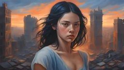 Hyperrealistic painting depicting a young woman with dark black hair. European appearance. The background is a stunning combination of pale colors, dark blue and orange glowing from the light of sunset, influenced by an abundance of natural and artificial light. The overall atmosphere of the piece is cinematic and mesmerizing, drawing the viewer into its languid world. The painting depicts a ruined city. In the foreground of which is a young woman with bright facial features. She has dark black