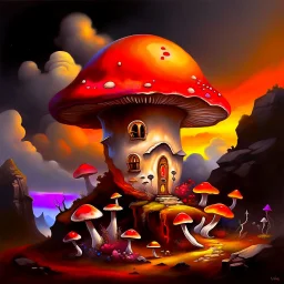 A rustic white, red and orange (((mushroom house))) perched atop a (tall geologic pillar), surrounded by a ((( rainbow haze ))), offset by the subtle hues of an (dark space scape), within. captured by the hand a skilled master painter with a focus on (hard bold compositions and voluminous lighting).detailed matte painting, deep color, fantastical, intricate detail, splash screen, exaggerated colors, fantasy concept art, 8k resolution