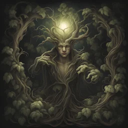 mandrake emerging from the darkness eyes a glow vines a spinning, in classicism art style