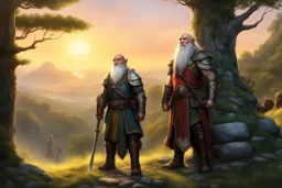 At the crest of the hill, under the watchful gaze of the setting sun, a motley crew of courageous souls stands assembled. The short bald dwarf healer, his weathered features etched with ancient knowledge, surveys the group with a keen eye. Beside him, the female Elf radiates an aura of forest magic, her eyes alight with the wisdom of the natural world. Opposite the Elf, the female thief from the dark city moves with a grace born of shadows, her presence a reminder of the mysteries that lurk bey