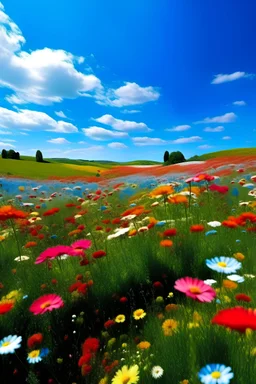 Vibrant flower field in full bloom, surrounded by rolling hills and a brilliant blue sky, colorful, serene, high detail, spring landscape