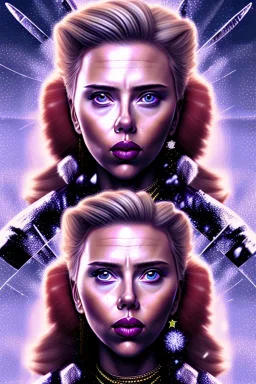 portrait Scarlett Johansson warrior with big bobs black hairs violet Christmas top in the snow and fire