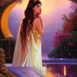 hyperdetailed oil on canvas, young Georgina Chapman by a temple fountain, beautiful, detailed face, long dark hair, surrounded by luminous colorful sparkles, airbrush, depth of field, Octane Render, by Gaspar Camps, Maxfield Parrish, Alphonse Mucha, Cyril Rolando, volumetric lighting, dusk, 16k