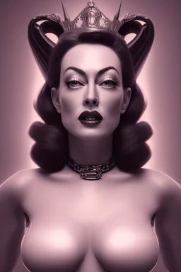 Joan Crawford as evil queen in black leather, busty, cleavage, dominatrix, curvy, angry, stern look. unreal 5, octane render, cinema4d, dynamic lighting, dramatic lighting, 4k, redshift render, highly detailed, hyper realistic,anthropomorphic