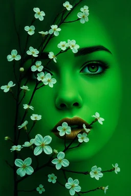 green woman face with branches and white flowers