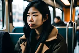 Eine asiatische Frau mit schwarzen haare sitz in den Öffentlichen verkehrstmitteln. Die frau ist mit dem rücken zu einem rerichtet