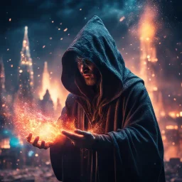 hooded wizard casting spells, covered with glowing crystals, fire particles in air, destroyed city in background, night, bright colors, glowing sparkle particles, dark tone, sharp focus, high contrast, 8k, incredible depth, depth of field, dramatic lighting, beautifully intricate details, clean environment, epic dynamic scene