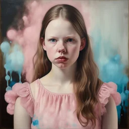 Encaustic portrait of Mia goth, Cotton candy dress,rosy cheeks