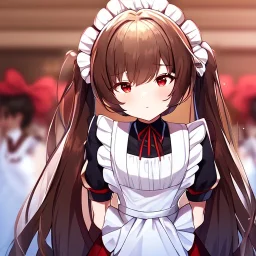 Clear focus, High resolution, Rough line, cute, anime style, red eyes, sparkling eyes, brown hair, red eyes, wearing a maid outfit, long twin tails, long bangs,choppy long bangs, extreme close up