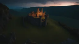low-level shot of a ruined fantasy castle overlooking a valley, on a cliff top, after sun down, clouds glowing