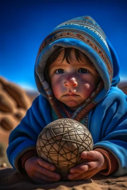 Berber child, detailed, hyper realistic, with twinkling eyes full of curiosity, playing with a handmade toy under the azure sky of a Moroccan desert village.