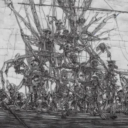 Skeleton pirates on a big, scary ship, artistically