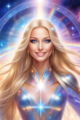 cosmic woman smile,beautiful ufos rainbow, admiral from the future, galactic confédération, fine whole face, crystalline skin, expressive blue eyes,rainbow, smiling lips, very nice smile, costume pleiadian, Beautiful tall woman pleiadian Galactic commander, ship, perfect datailed golden galactic suit, high rank, long blond hair, hand whit five perfect detailed finger, amazing big blue eyes, smilling mouth, high drfinition lips, cosmic happiness, bright colors, blue, pink, gold, jewels, realist,