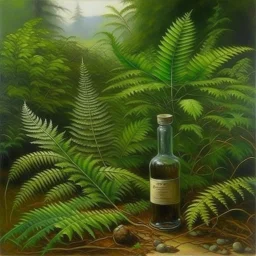 Paisaje húmedo con helechos con una botella de ...