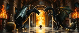 master oil painting by Escher and Giger, glaring vases and black humanoid reflective female dragon and hidden golden dragon inside marble hall library, cryptic eggs, sacred geometry, fire fog and steam border, fire elemental creature, twisted dimensional portal for ice elemetals only