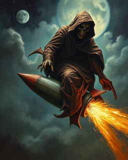 Bosch painting style ,nightmare, Scary hooded creature riding on rocket dropped from the sky as seen on twilight’s zone