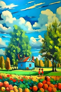 Casa de campo pequeña con árboles y un campo de maiz. Cielo despejado con algunas nubes cumulus nimbus. Niños juganto. Mamá y papá arreglando el jardín. Estilo Picaso.