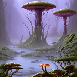 looking out over a lake, in an alien forest, flying mushrooms with jellyfish tenacles formed into gnarled trunks, Roger Dean