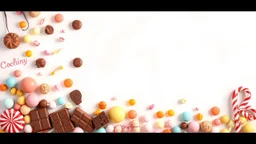 A beautiful image with a white, orange, and pale blue background theme, filled with chocolate, lollipops, and various colored pastels and candies on the left side of the image.