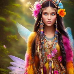 bright native american fairy, beautiful portrait, flowery landscape