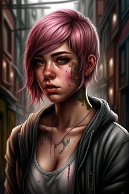 1girl, hoodie, arm tattoo, portrait, asymmetrical bangs, bandaid, short hair, bangs, breasts, freckles, grey eyes, large breasts, looking at viewer, neck tattoo, nose piercing, pink hair, scar, scar on face, solo, tattoo on face, upper body, detailed background, town, alley, dark alley, portrait, hood on head, night, angry, close up, closed mouth, , ((masterpiece)), absurdres <lora:arcane_offset:1>