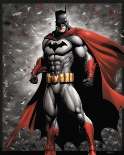 Batman comic art black background, red and gold white colors, incredibly hyper-detailed, full body, artwork, 8k