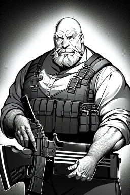 old man behind a bar counter holds a sawed-off shotgun, greyscale