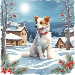 Vector graphic for t-shirt design, sticker, centered circle masked, (snowy Christmas scene, winter season, with a fluffy puppy, snowman, Trees, snowflakes), Watercolor, sunny landscape Tuscany, best quality, complex composition, hdr, vivid color, rich decorated and detailed.