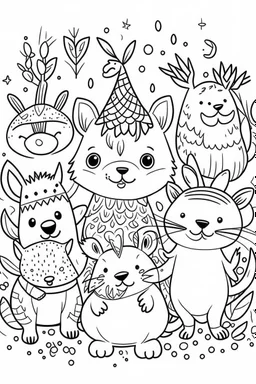 HAPPY NEW YEAR coloring page for kids, Animal friends sharing New Year wishes, thick outline, low details, no shading, no color